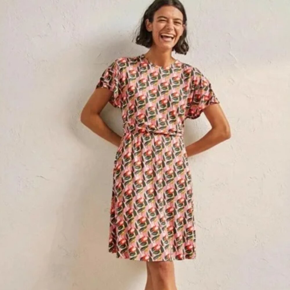 BODEN 8 Floral Print Flutter Sleeve Dress Viscose Stretch